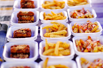 Asian, Indian and Chinese street food. Food court on local market of Langkawi island, Malaysia..Traditional asian street food.