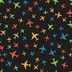 Colored air planes on dark background vector seamless pattern. Little colorful aircrafts printing templates eps 10