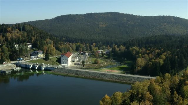 Wide aerial shot of the Lipno Dam. South Czech republic.