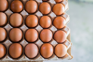 Top view of  eggs in the paper package with soft focus background
