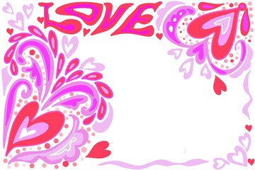 Retro Hippie 60's, 70's LOVE design with hearts and swirls background, in red purple and pinks on black and white