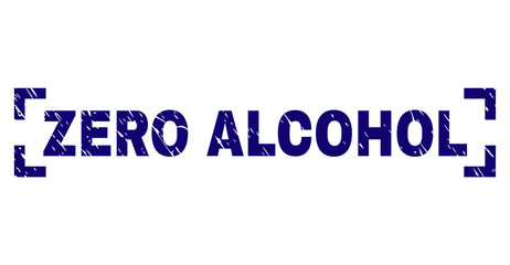 ZERO ALCOHOL text seal print with distress texture. Text tag is placed between corners. Blue vector rubber print of ZERO ALCOHOL with corroded texture.