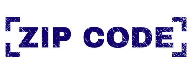 ZIP CODE text seal watermark with distress texture. Text label is placed between corners. Blue vector rubber print of ZIP CODE with unclean texture.