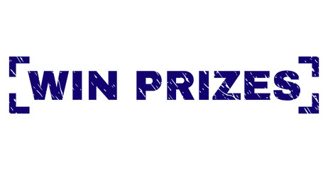 WIN PRIZES tag seal stamp with grunge effect. Text tag is placed inside corners. Blue vector rubber print of WIN PRIZES with grunge texture.