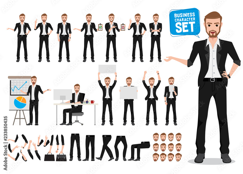 Poster male business vector character set. business man cartoon character creation talking with different s