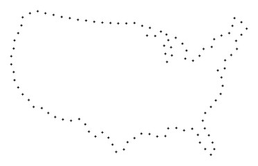 Vector stroke dotted United States map in black color, small border points have diamond shape. Discover the path points and get United States map.