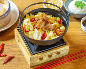 Chinese food on wooden table