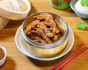 Chinese food on wooden table