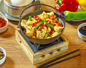 Chinese food on wooden table