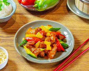 Chinese food on wooden table