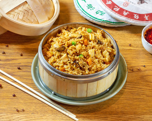Chinese food on wooden table