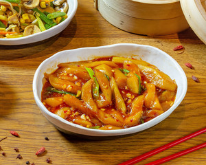 Chinese food on wooden table