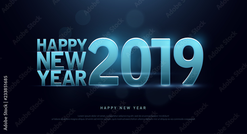 Aufkleber happy new year 2019 technology font and alphabet with bokeh on abstract background. font digital spa