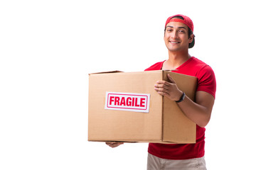 Handsome contractor holding fragile box isolated on white 