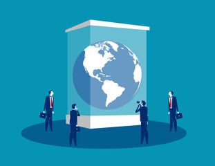 Globe in a museum glass box. Concept business vector illustration, Extinct, People, Looking and Searching.