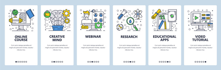 Vector web site linear art onboarding screens template. Online school education, webinar, training courses and video tutorials. Menu banners for website and mobile app development. Modern design flat