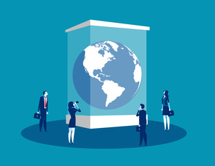 Globe in a museum glass box. Concept business vector illustration, Extinct, People, Looking and Searching.