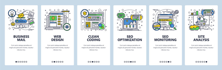 Vector web site linear art onboarding screens template. Online digital marketing and SEO optimization. Business, web design and cogind. Menu banners for website and mobile app development. Modern