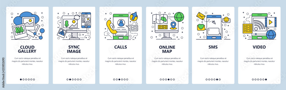 Poster vector web site linear art onboarding screens template. mobile phone online services, cloud sync, ca