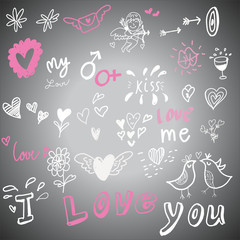 Love drawing sketch vector Idea Concept with Doodle design style :Hand drawn vector illustration set of love element. color background