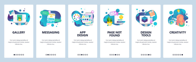 Vector web site onboarding screens template. Design creative tools and software. Mobile online Messaging app and Page not found error. Menu banners for website and mobile app development. Modern
