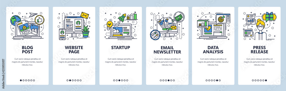 Poster vector web site linear art onboarding screens template. startup launch, online blog post, email news