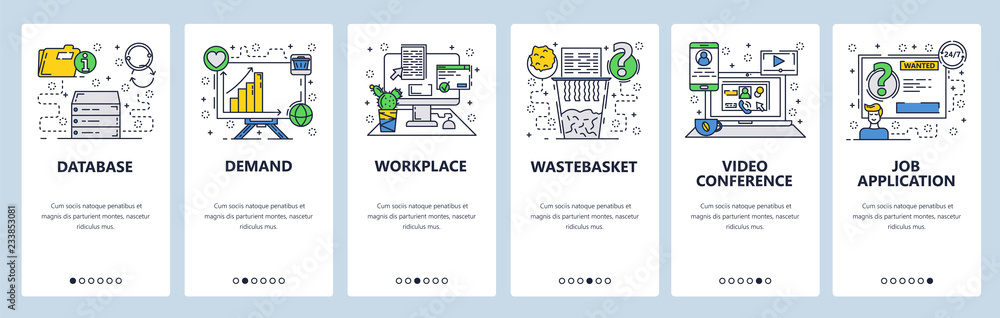 Poster vector web site linear art onboarding screens template. business computer desk, file shredder and vi