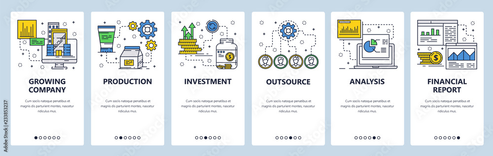 Poster vector web site linear art onboarding screens template. business and money investment. financial rep