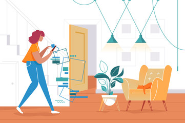 Flat silhouette young woman with cellphone in phone world.