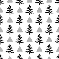 Hand drawn christmas trees with triangles seamless pattern isolated on white background. Ink vector illustration. Modern brush calligraphy.