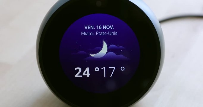 Smart Assistant Showing The Weather Forecast Temperature Of Miami, Florida (USA) On Screen, Close Up View - DCi 4K Resolution