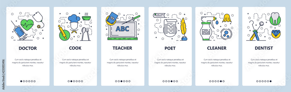 Poster vector web site linear art onboarding screens template. job and profession menu banners for website 