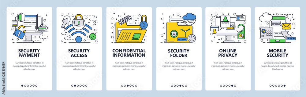 Poster vector web site linear art onboarding screens template. cyber security, privacy and secure wireless 