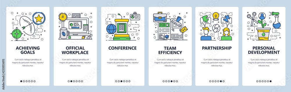 Poster vector web site linear art onboarding screens template. business golas, office computer and desk, co
