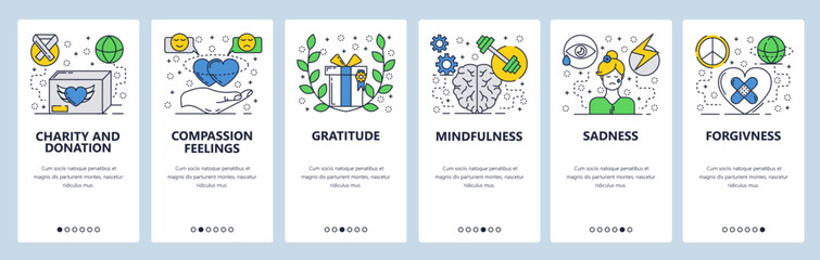 Vector web site linear art onboarding screens template. Human fellings, sadness, mindfulness, forgivness. Menu banners for website and mobile app development. Modern design flat illustration.