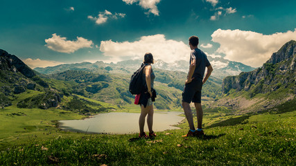 couple in love contemplating the landscape. 