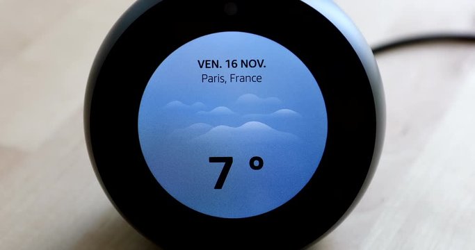 Personal Smart Assistant Showing The Weather Forecast Temperature Of Paris On Screen, Close Up View - DCi 4K Resolution