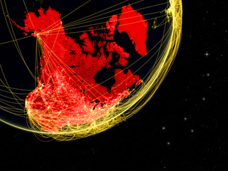 North America on dark Earth with network. Concept of connectivity. May represent air traffic, internet or telecommunications.