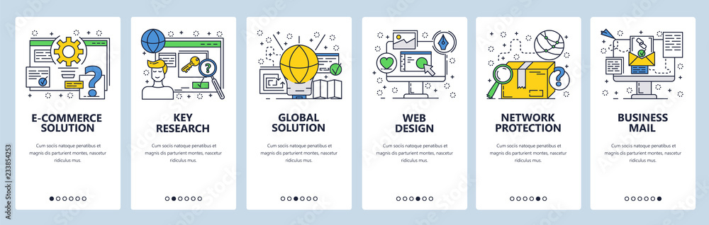 Poster vector web site linear art onboarding screens template. business mail and global solutions. menu ban