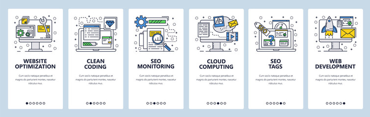 Vector web site linear art onboarding screens template. Digital marketing, website coding and optimization and SEO analytics. Menu banners for website and mobile app development. Modern design flat