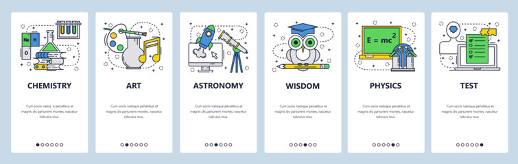 Vector web site linear art onboarding screens template. School education subjects, chemistry, physics, art, test, exam, wisdom. Menu banners for website and mobile app development. Modern design flat