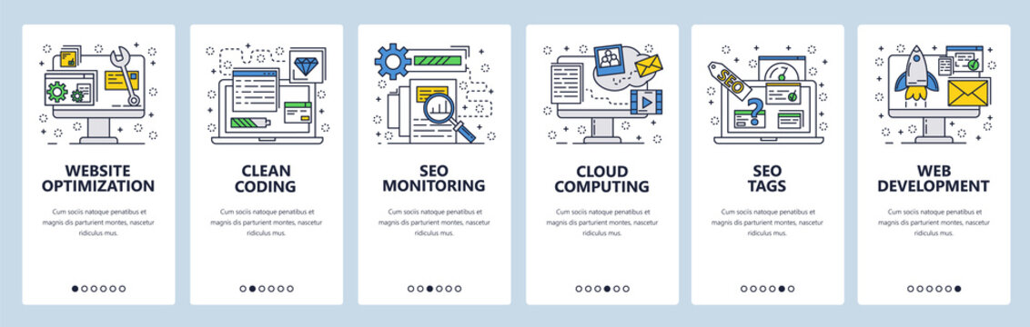Vector web site linear art onboarding screens template. Digital marketing, website coding and optimization and SEO analytics. Menu banners for website and mobile app development. Modern design flat