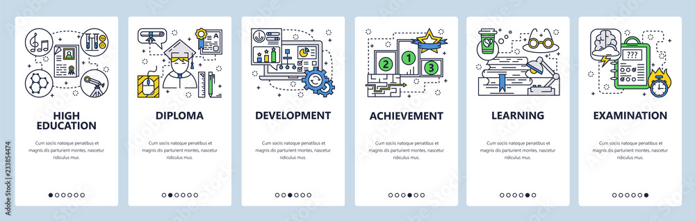 Poster vector web site linear art onboarding screens template. high school and college education. menu bann