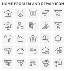 House problem and repair vector icon consist of building, rain gutter, roof, wall, ceiling to crack, damage, broken from old, disaster. Result in water leak, clogged. To fix, maintenance, cleaning.