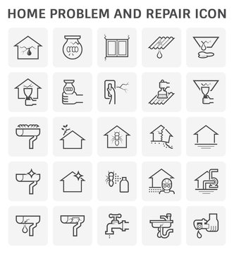 House problem and repair vector icon consist of building, rain gutter, roof, wall, ceiling to crack, damage, broken from old, disaster. Result in water leak, clogged. To fix, maintenance, cleaning.