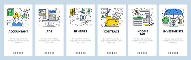 Vector web site linear art onboarding screens template. Accounting, income tax, money investment. Menu banners for website and mobile app development. Modern design flat illustration.