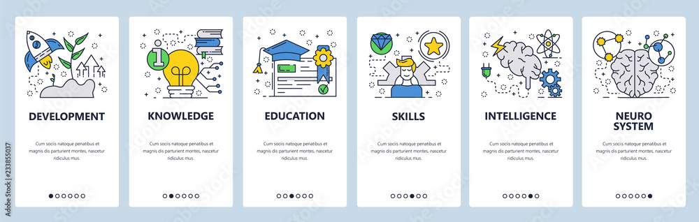 Poster vector web site linear art onboarding screens template. knowledge, education, brain and skill develo