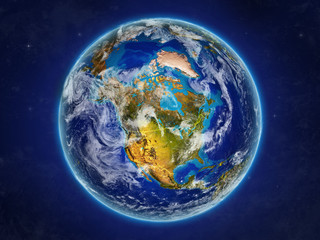 North America from space on realistic model of planet Earth with country borders and detailed planet surface and clouds.