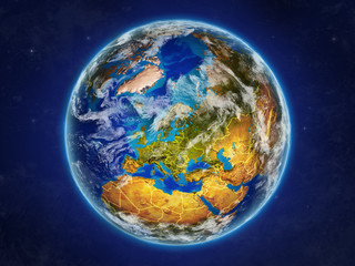 Europe from space on realistic model of planet Earth with country borders and detailed planet surface and clouds.