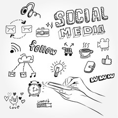 App Development Idea Concept with Doodle design style :Hand drawn vector illustration set of social media sign and symbol mobile elements.